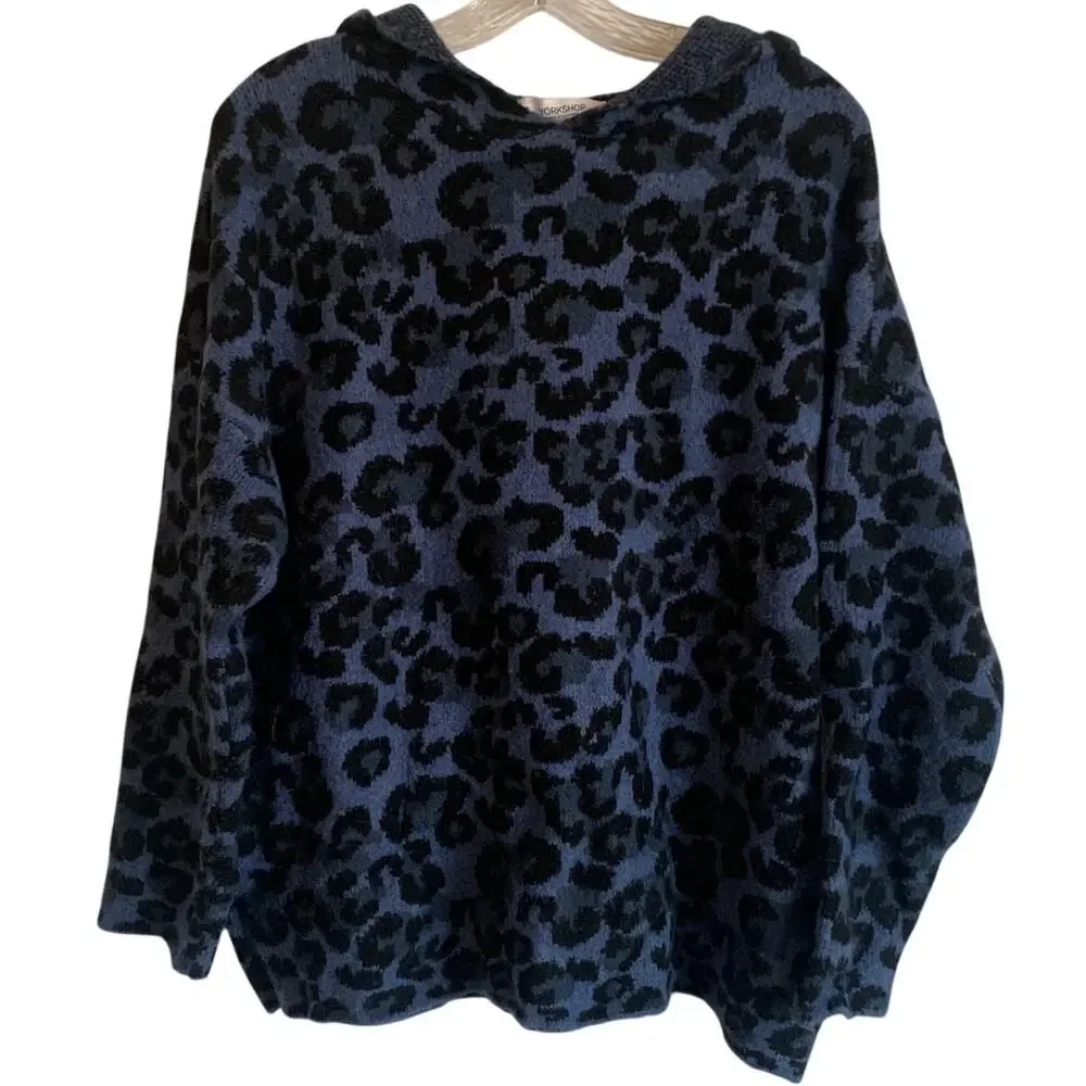 Workshop Republic Women Sz L Blue Black Leopard Cheetah Hooded Pullover Sweater